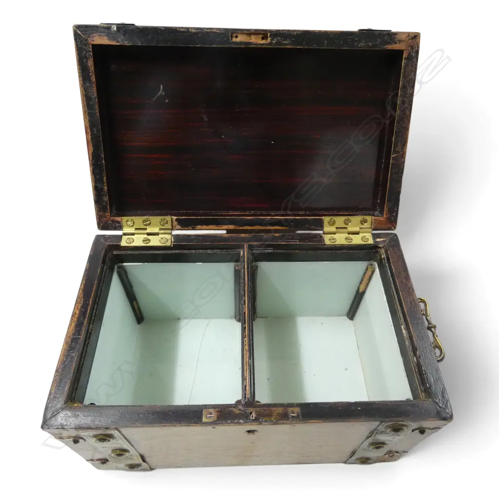 VINTAGE BRASS BOUND TEA CADDY CHEST W.230mm Image 1++