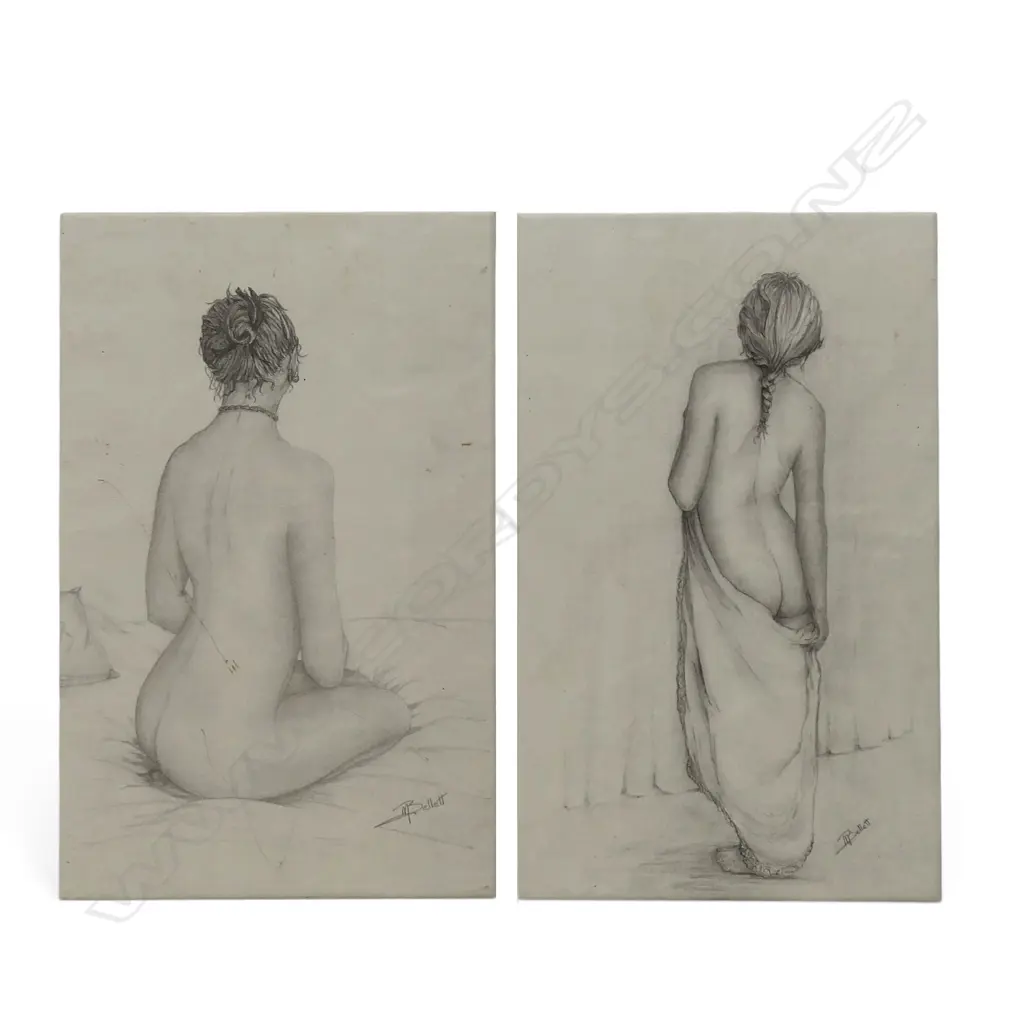 MARGARET BELLETT, TWO FEMALE NUDE STUDIES,  PRINT? ON PORCELAIN TILE, EACH SIGNED, 315 X 200mm (each) Image 1++