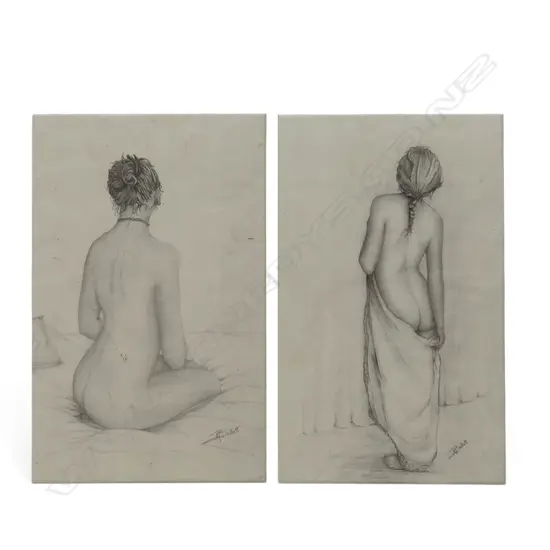 MARGARET BELLETT, TWO FEMALE NUDE STUDIES,  PRINT? ON PORCELAIN TILE, EACH SIGNED, 315 X 200mm (each)