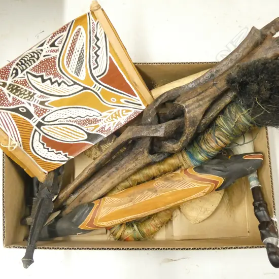 BOX OF ETHNIC FIGURES ABORIDGINAL BARK PAINTING H250MM  FLY WHISKS ETC