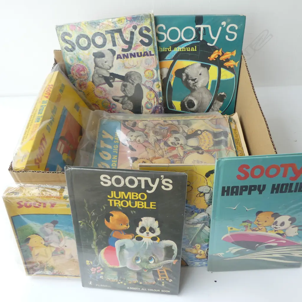BOX OF VINTAGE SOOTY BOOKS ETC: Includes puzzles + annuals etc Image 1++