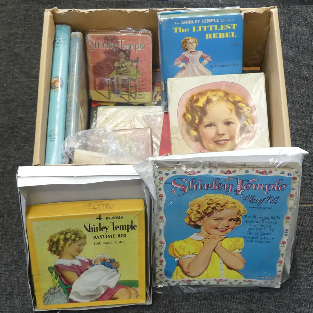 BOX of OLD SHIRLEY TEMPLE MEMORABILIA: Books + poster + play kit etc Image 1++