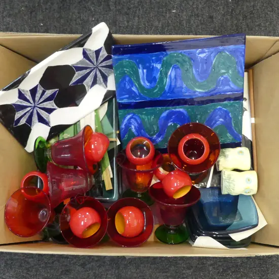 SUSHI PLATES, RED DRINKING GLASSES ETC