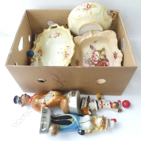 3 EDWARDIAN CHINA DISHES 4 JIM BEAN FIGURAL BOTTLES & JUG