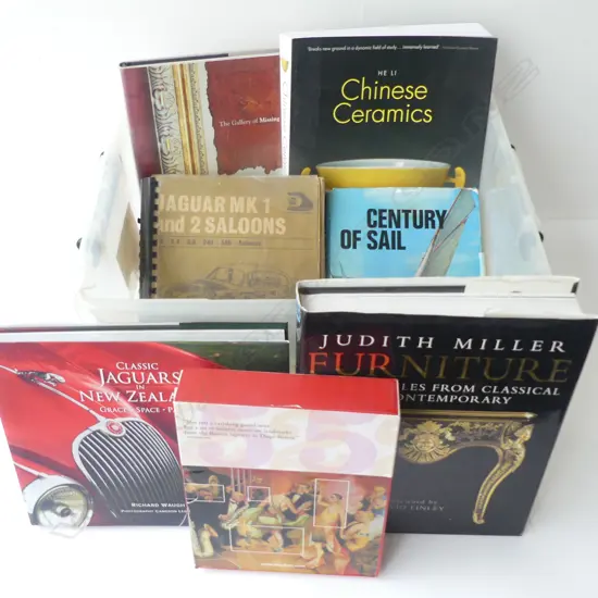 9 BOOKS; JAGUAR, ANTIQUES ETC