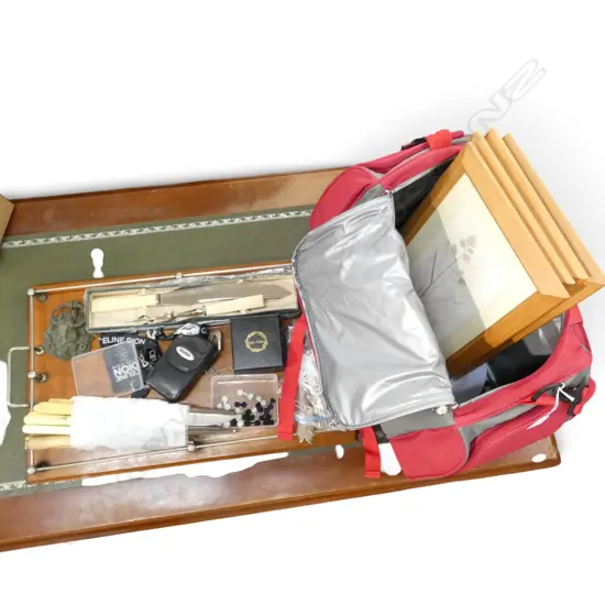 MODERN CANVAS PICNIC BASKET, WOODEN TRAY W.560mm, 4 BOTANICAL PRINTS, CARVING CUTLERY, CUFFLINKS ETC