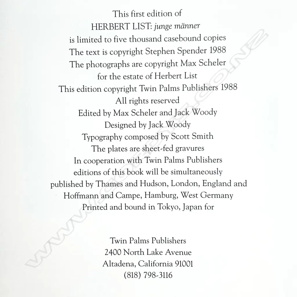 Twin Palms - 1988 ISBN 0944092039. Hardback with DJ - Near fine 1st edition Image 1++