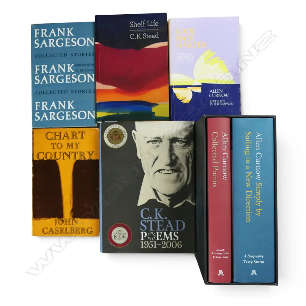 7 VOLS OF NZ LITERATURE INCL. ALAN CURNOW (BOXED). CK STEAD, CASELBURG AND SARGESON Image 1++