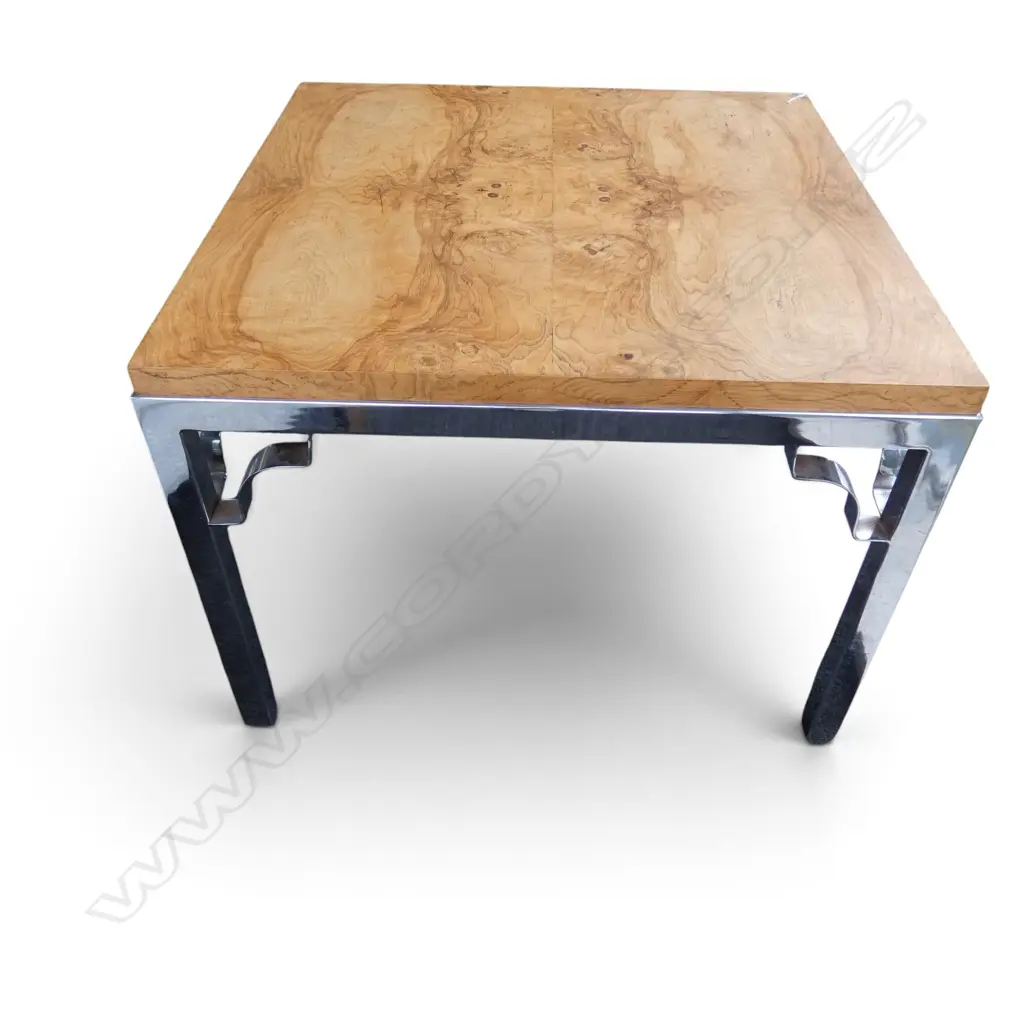 SIDE TABLE w. BOOK MATCHED WOODEN TOP & CHROME LEGS 770x770x560mm Image 1++