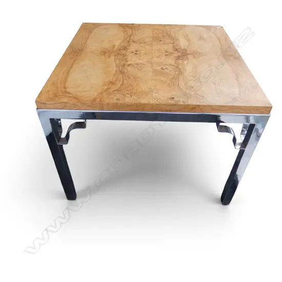 SIDE TABLE w. BOOK MATCHED WOODEN TOP & CHROME LEGS 770x770x560mm