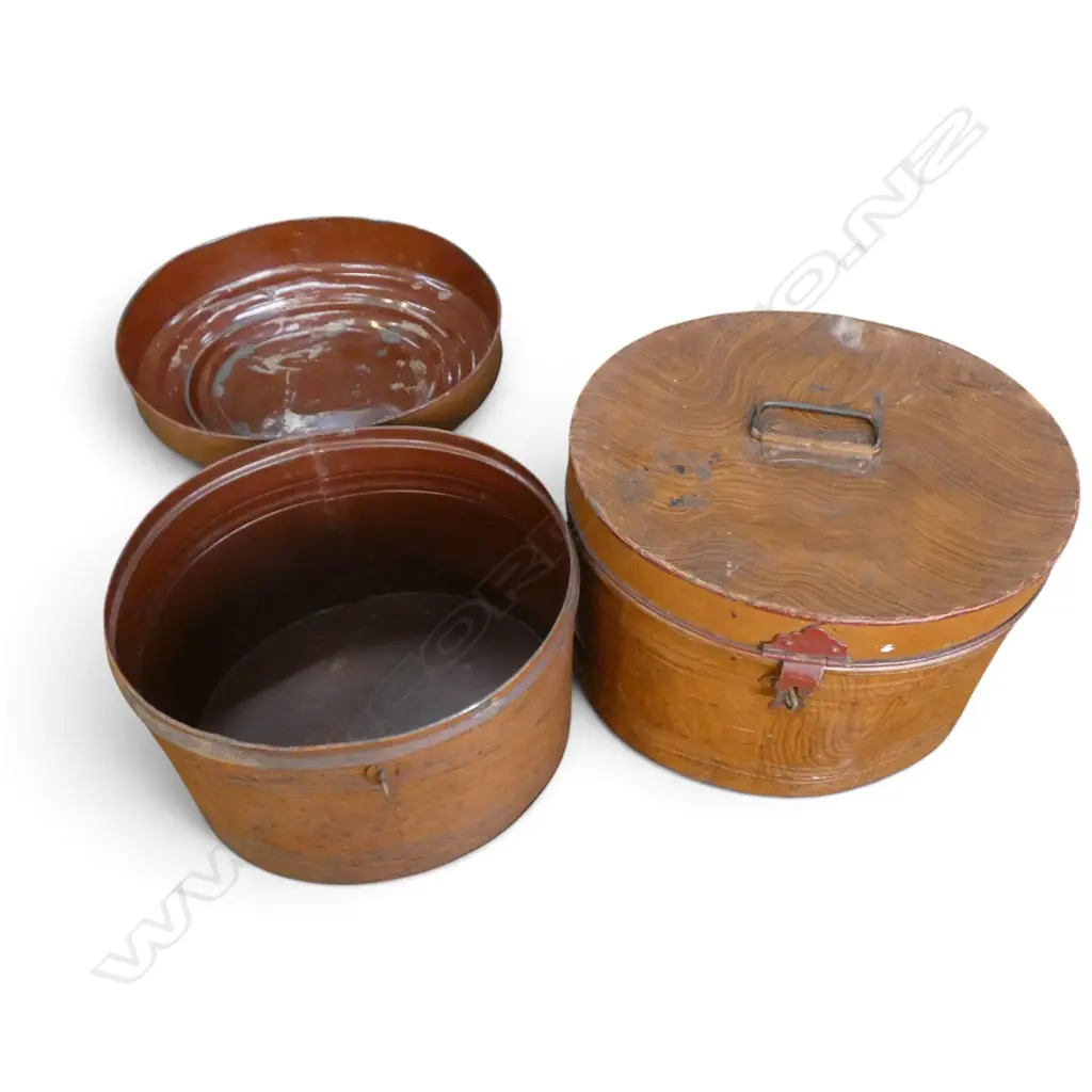 2 ANTIQUE METAL HAT BOXES H.300mm Image 1++