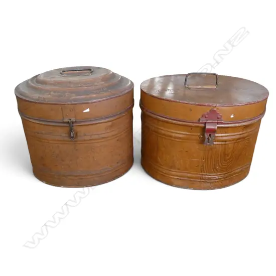 2 ANTIQUE METAL HAT BOXES H.300mm