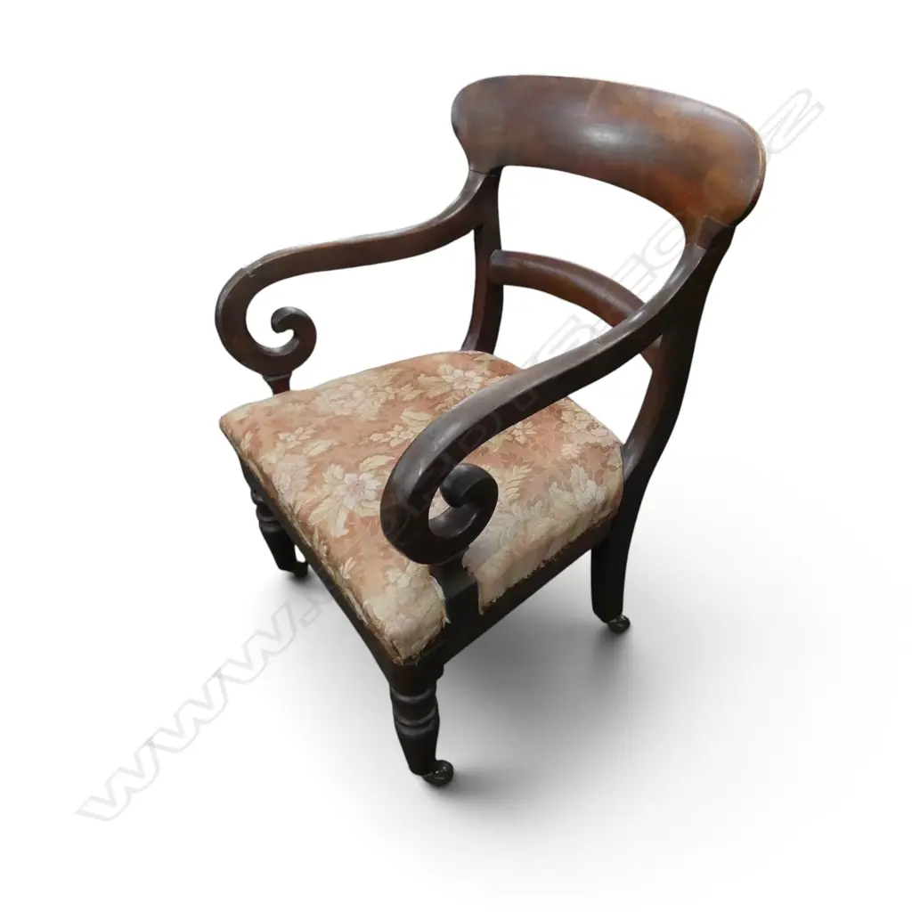 REGENCY MAHOGANY SCROLL ARM CHAIR ON CASTORS Image 1++