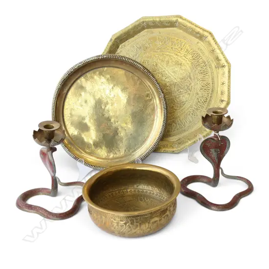 4 PCES BRASS; PR SNAKE CANDLESTICKS H.205mm, BOWL & 2 TRAYS 380mm dia