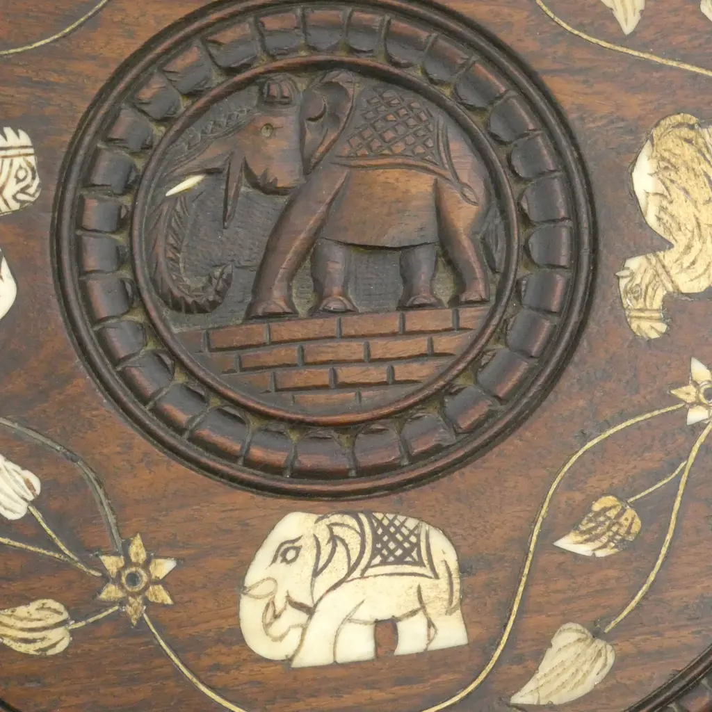CARVED ROUND INLAY ELEPHANT TABLE DIA450MM Image 1++