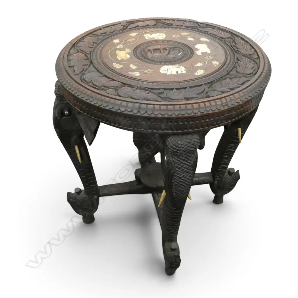 CARVED ROUND INLAY ELEPHANT TABLE DIA450MM Image 1++