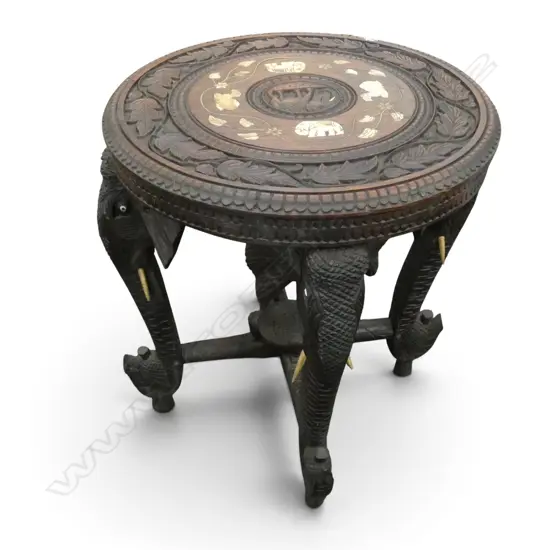 CARVED ROUND INLAY ELEPHANT TABLE DIA450MM