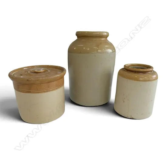 2 STONEWARE CROCKS + LIDDED JAR H.270mm
