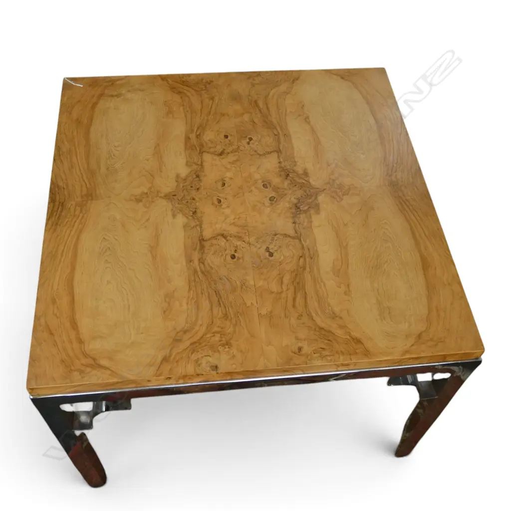 SIDE TABLE w. BOOK MATCHED WOODEN TOP & CHROME LEGS 770x770x560mm Image 1++