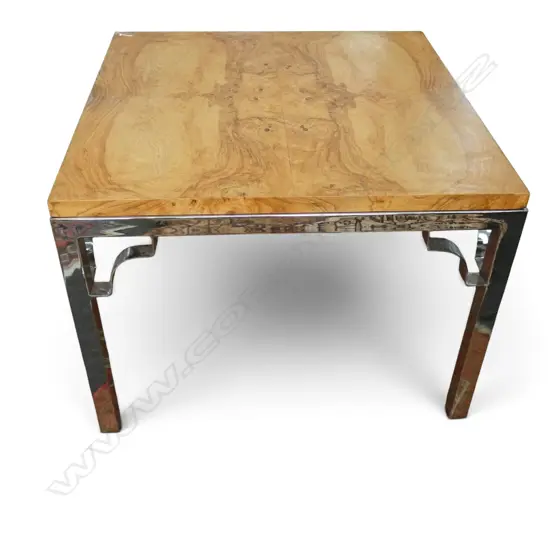 SIDE TABLE w. BOOK MATCHED WOODEN TOP & CHROME LEGS 770x770x560mm