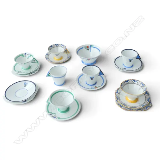 3 SHELLEY CHINA ART DECO CSPS 2 CSS & SUGAR BOWL TRIANGLE HANDLES MIXED PATS