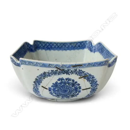 ORIENTAL B/W BOWL, OLD STAPLE REPAIR 250x250mm