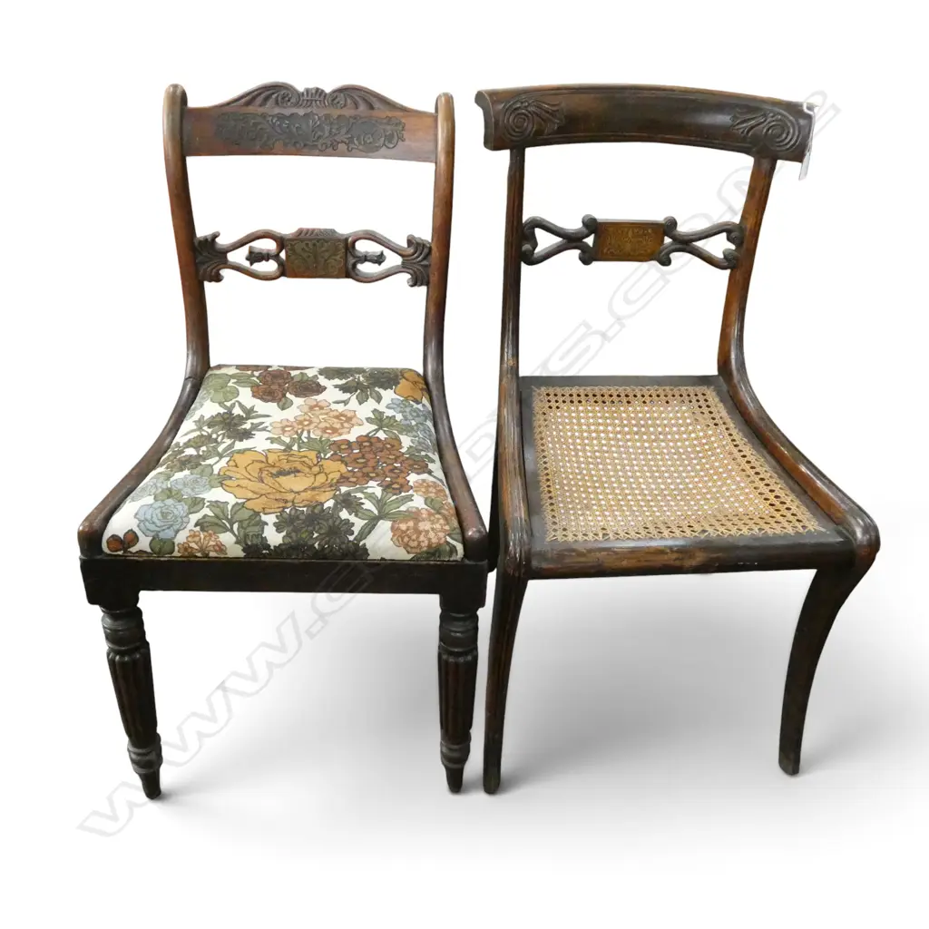 2 REGENCY BLADE BACK SABRE LEGGED DINING CHAIRS w. CANED SEAT & INLAY DETAIL (1 w. DROP IN SEAT) Image 1++