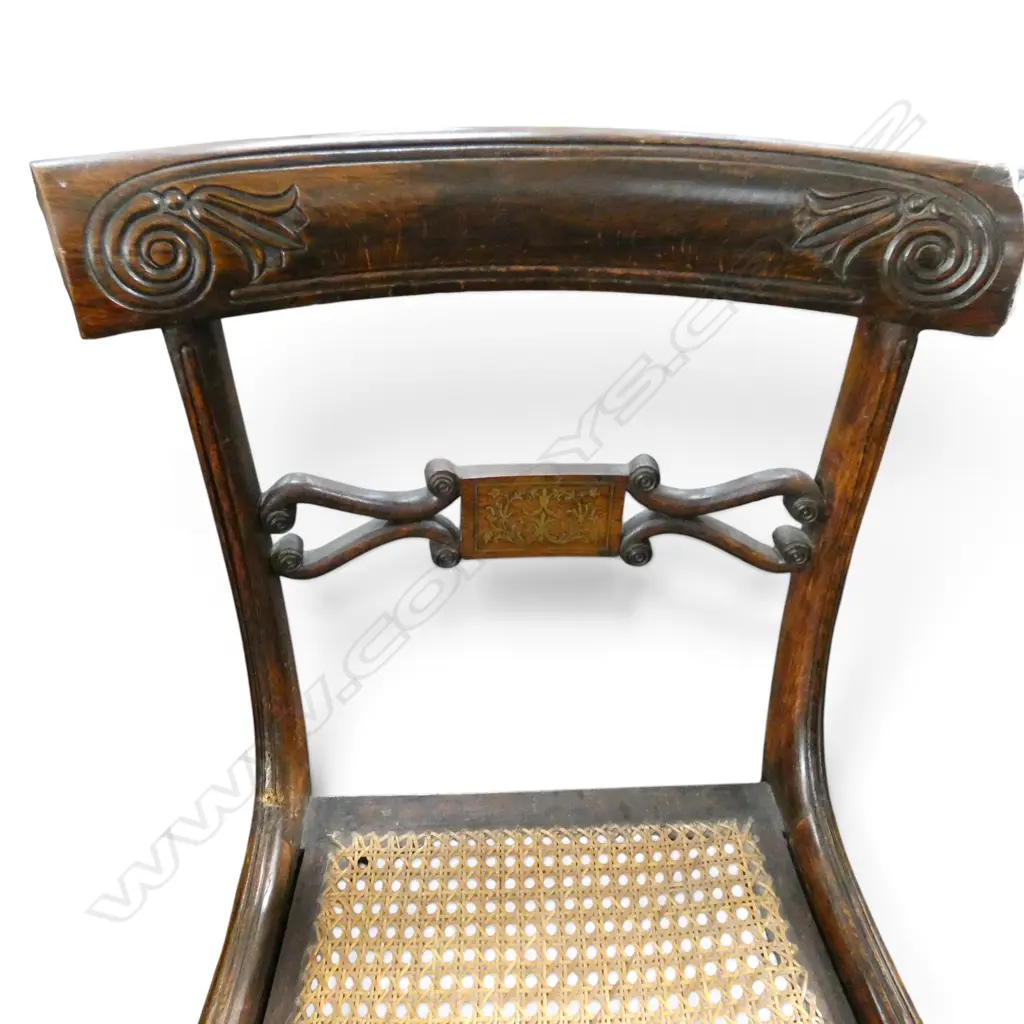 2 REGENCY BLADE BACK SABRE LEGGED DINING CHAIRS w. CANED SEAT & INLAY DETAIL (1 w. DROP IN SEAT) Image 1++