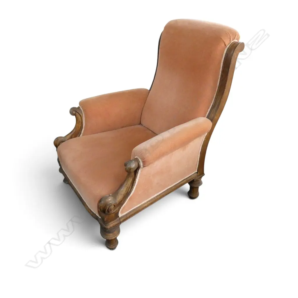 VICTORIAN GRANDFATHER CHAIR, SALMON VELVET Image 1++