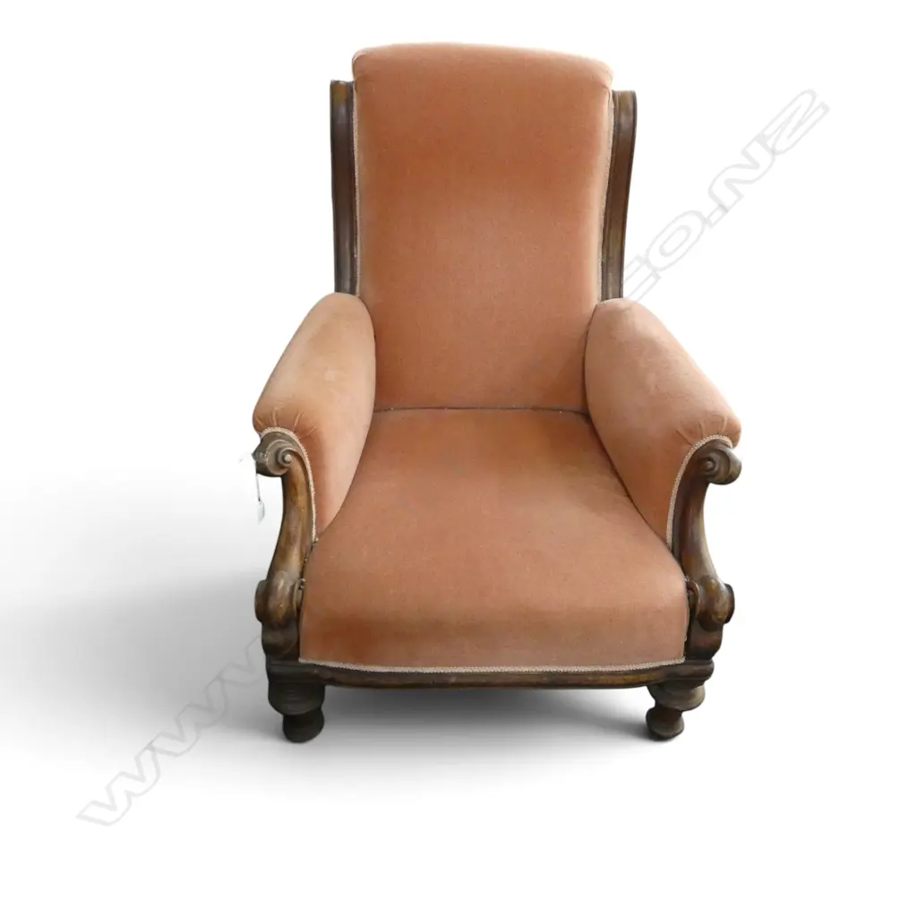VICTORIAN GRANDFATHER CHAIR, SALMON VELVET Image 1++