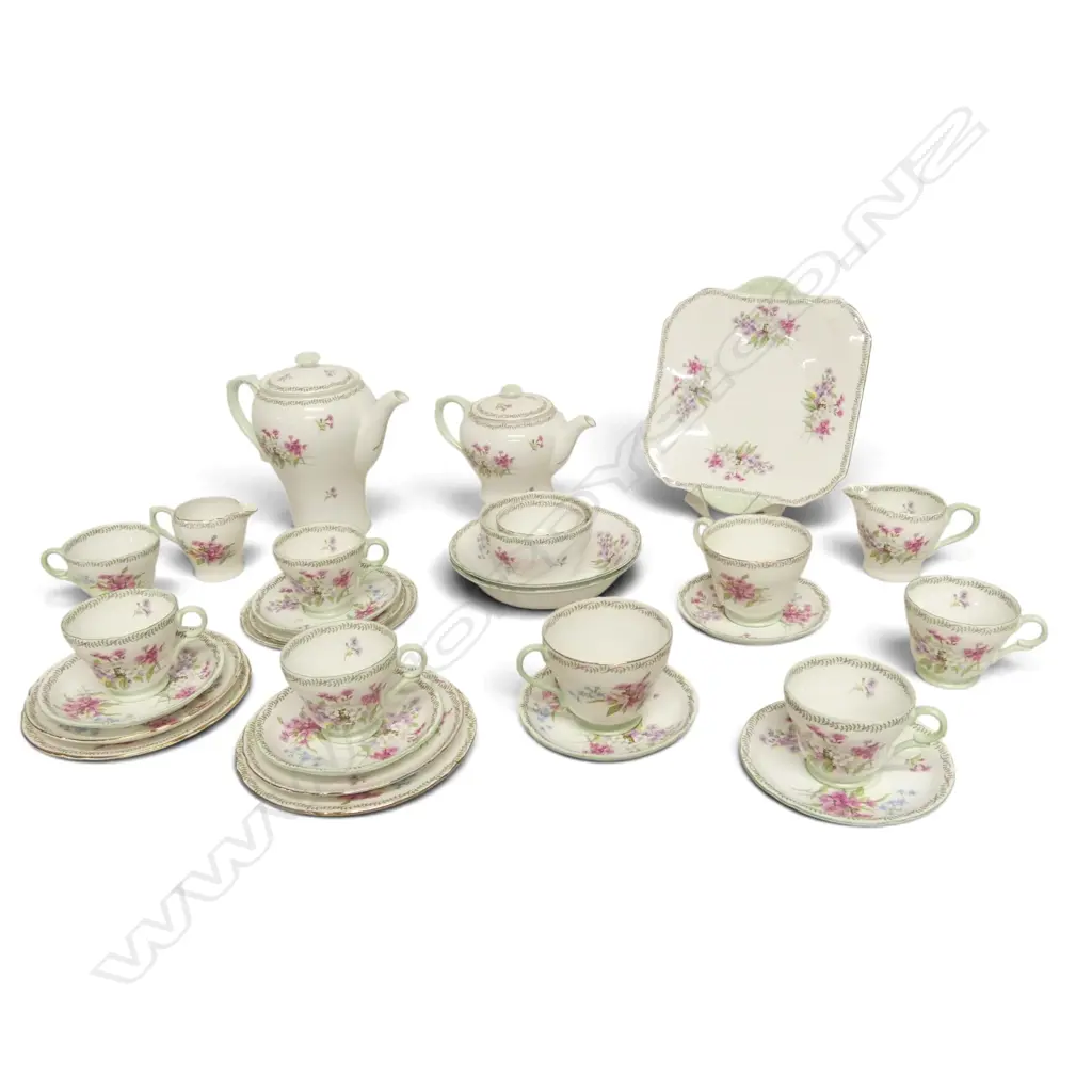 SET OF SHELLEY CHINA 3PCS TEASET 2CSPS CAKE PLATE 3PC COFFEE SET COFFEE CANS ETC ALL MATCHING PINK FLORAL PAT Image 1++