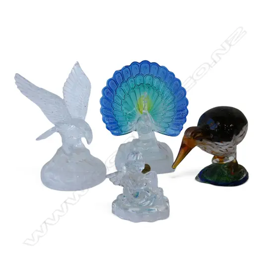 4 ART GLASS ORNAMENTS; KIWI, EAGLE, HUMMEL, PEACOCK H.195mm