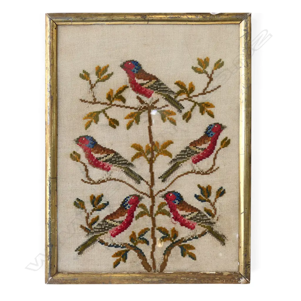 FRAMED NEEDLEWORK, 5 BIRDS IN A TREE 365x265mm Image 1++