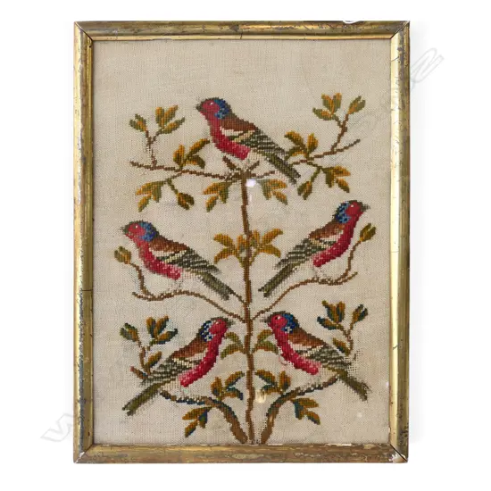 FRAMED NEEDLEWORK, 5 BIRDS IN A TREE 365x265mm