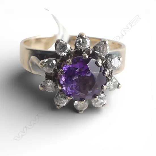 9ct GOLD PURPLE & faux diamond STONE RING 2.8gms SIZE K