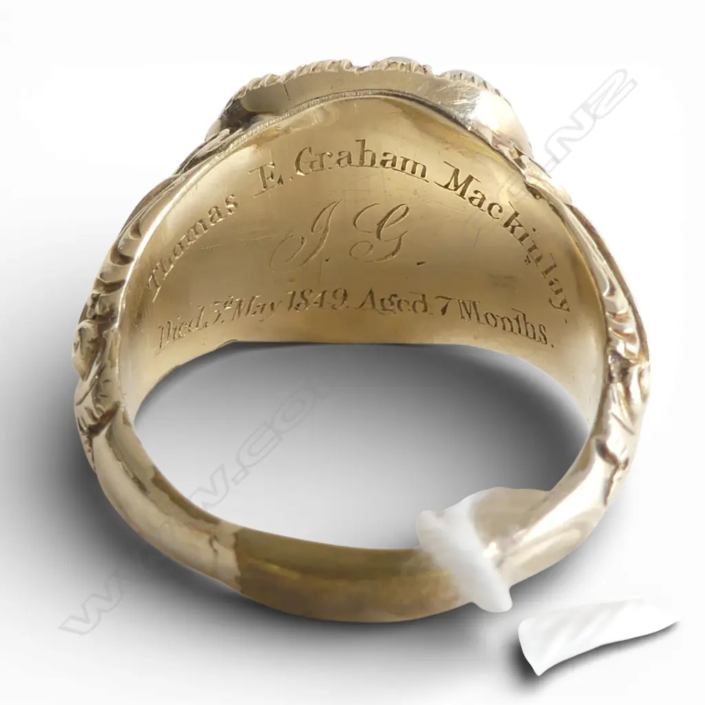 9ct GOLD 1849 MOURNING RING Lge size w pearls & flat stone garnet. Resized w brass. 8.63gms SIZE Q Image 1++