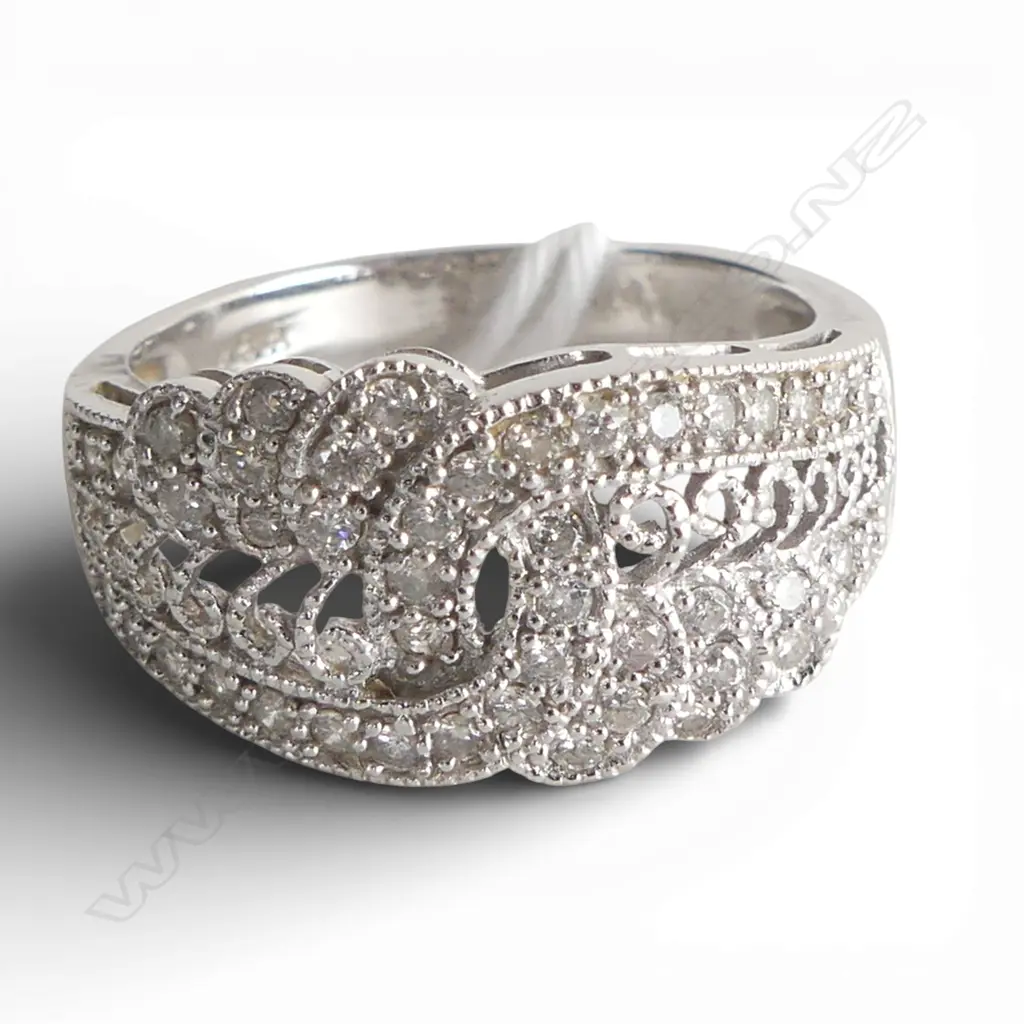 14ct WHITE GOLD & multi DIAMOND RING interlocked scrolling forms 4.36gms SIZE N Image 1++