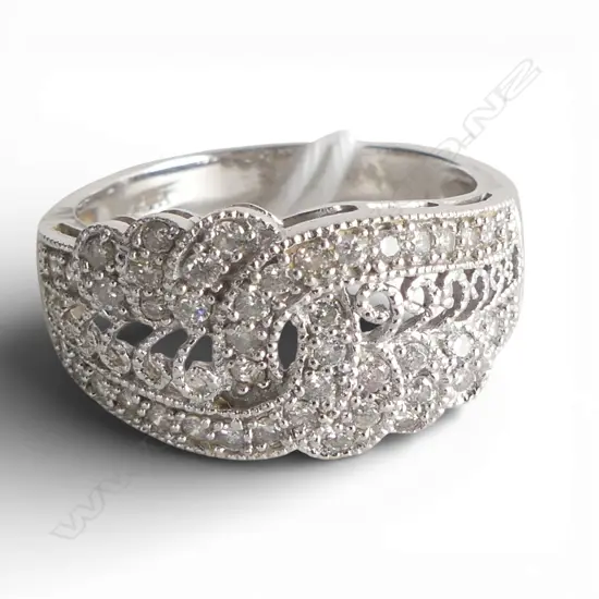 14ct WHITE GOLD & multi DIAMOND RING interlocked scrolling forms 4.36gms SIZE N
