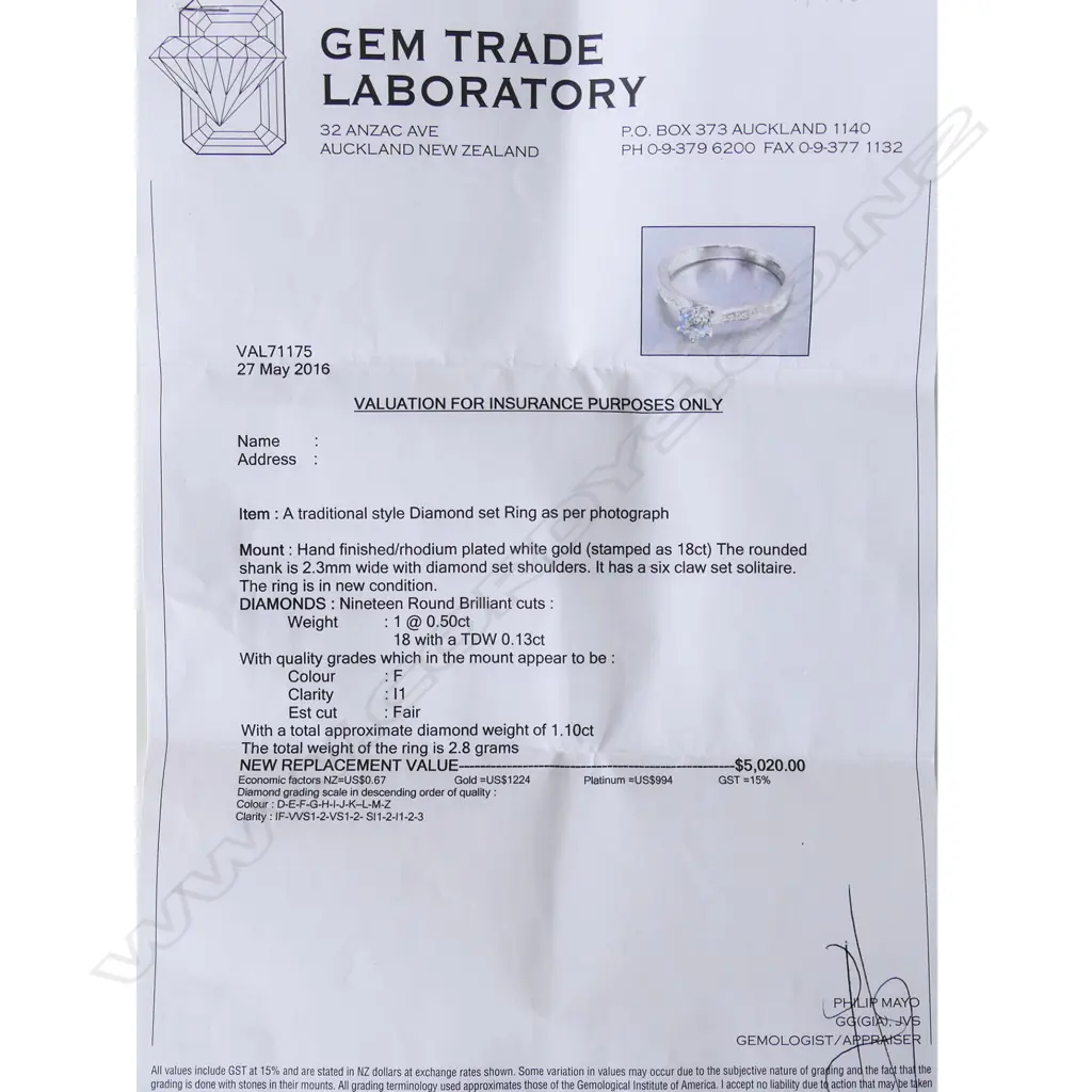 18CT WG 0.50ct DIAMOND RING 2.8gms W. VALUATION SIZE P Image 1++