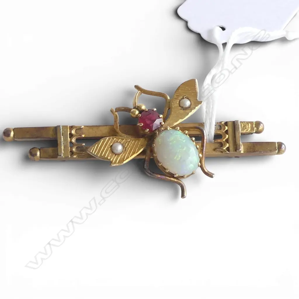 VICTORIAN 9ct GOLD INSECT DBLE BAR BROOCH set w opal seed pearls & red gem 4.6gms Image 1++