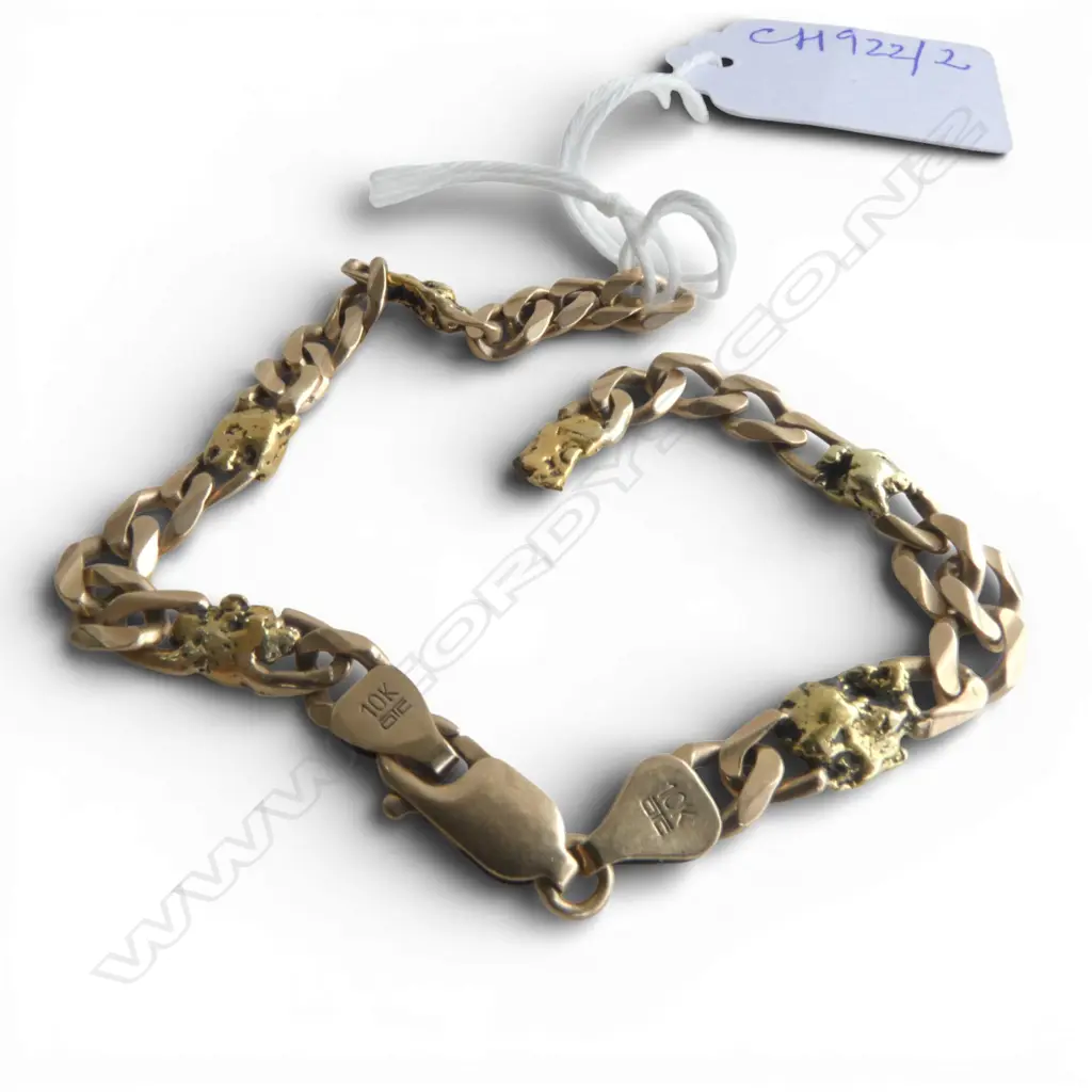10CT Yellow Gold BRACELET w. GOLD NUGGETS testing as 21ct gold. L.200mm. 1 break needs resoldering 12.1gms Image 1++