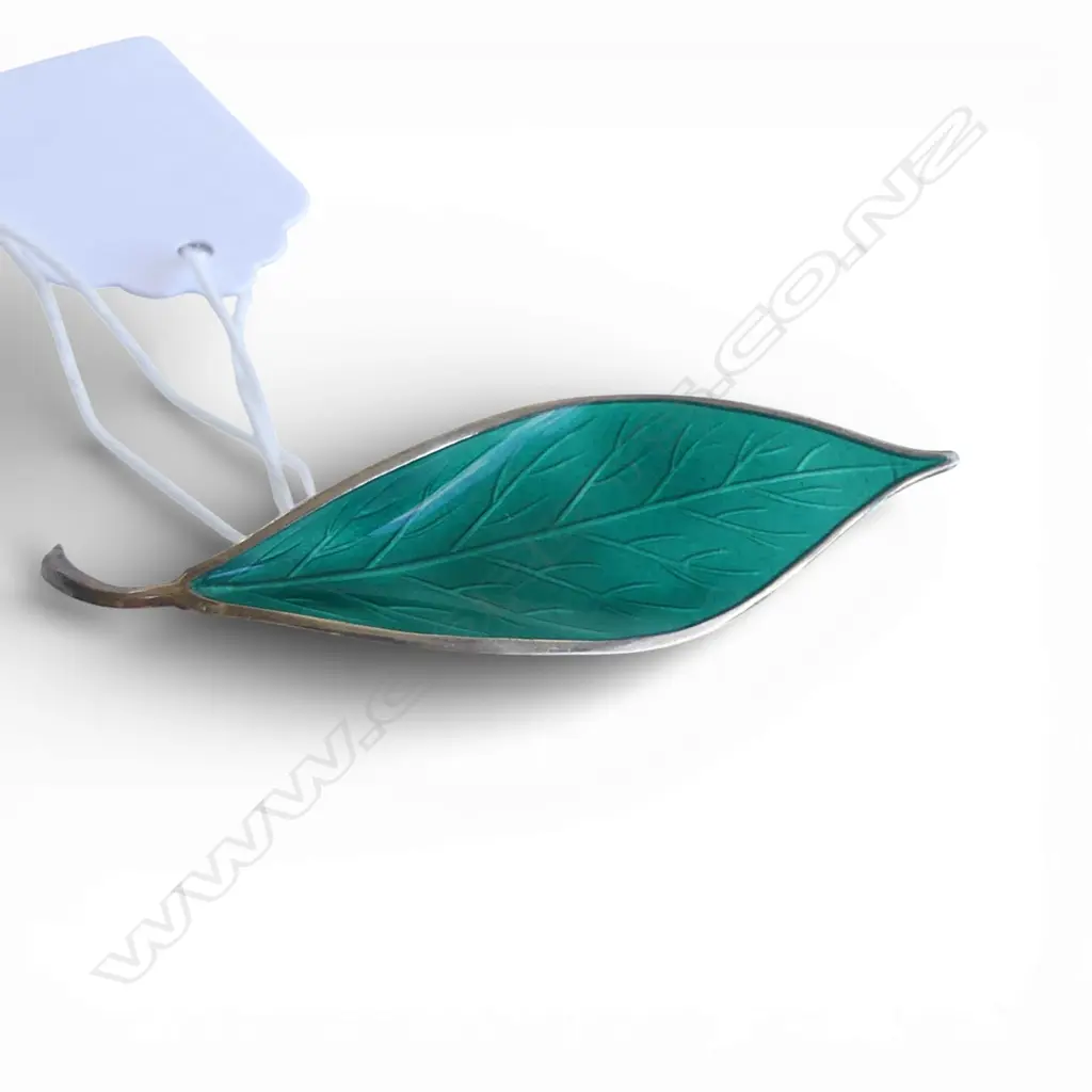 NORWEGIAN SILVER GILT & GREEN ENAMEL VINTAGE LEAF BROOCH makers marks verso Image 1++