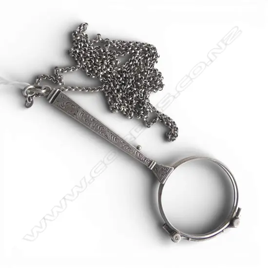 EARLY 20thC EUROPEAN SILVER  FOLDING LORGNETTE on fine silver chain