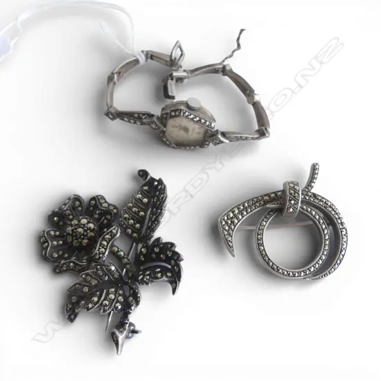 VINTAGE SILVER MARCASITE: WATCH (apparently working)+ 2 BROOCHES 