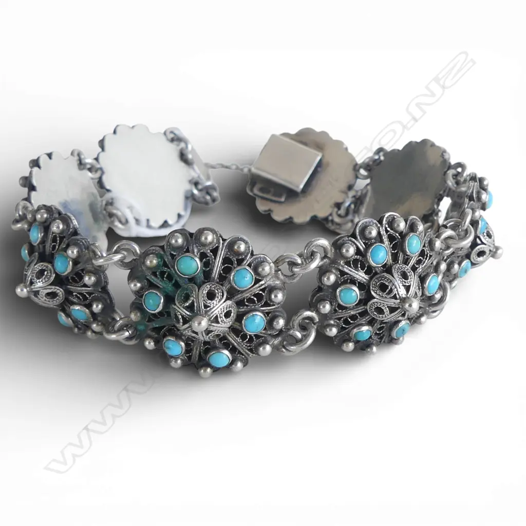 VINTAGE SILVER & TURQUOISE FANCY PANELLED BRACELET Image 1++
