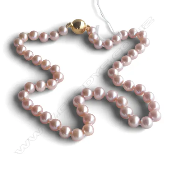 CULTURED FRESHWATER PEARL NECKLACE, BALL CLASP, PINK/CREAM HUE, L.440mm x 6mm