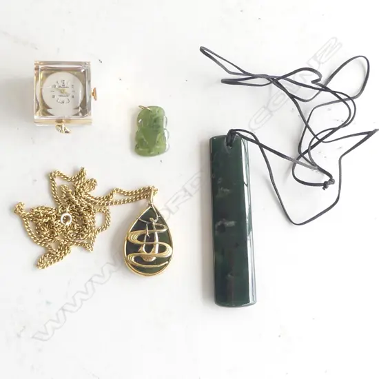 3 POUNAMU JEWELLERY ITEMS: silver gilt framed pendant + mini tiki + long pendant + cube pendant watch
