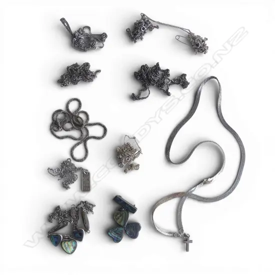 BAG SILVER CHAINS + SILVER & PAUA NECKLACE + BROOCH ETC