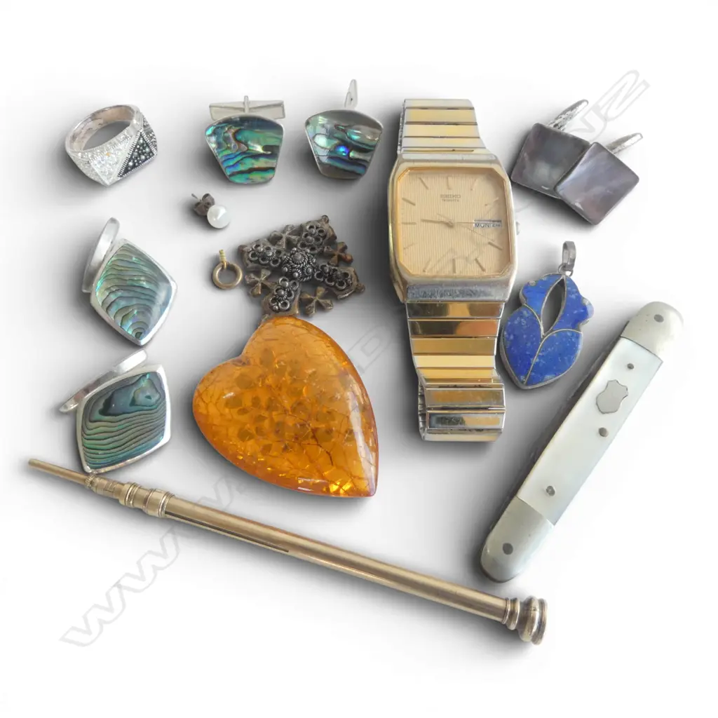 ASST. JEWELLERY; 3 PRS STG & PAUA CUFFLINKS, KAURI GUM HEART 45x35mm, POCKET KNIFE, SEIKO GP MENS WRIST WATCH ETC Image 1++