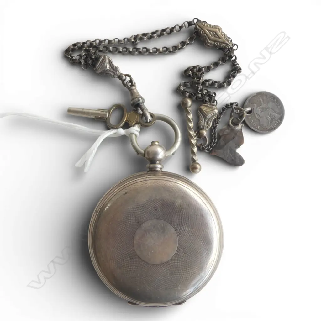 SILVER KEY WIND POCKET WATCH with SILVER ALBERTINA CHAIN Image 1++
